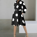 Dames blousejurk met V-hals, lange mouwen, witte polkadots en ceintuur in de taille - S / Zwart met witte stippen