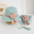 Mint green summer straw hat for girls with pink floral decor and matching crossbody bag - Hat + Bag Set / Light Blue