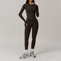 Women's 2-piece espresso yoga set featuring zip-up hooded jacket and high waist leggings - S / Top And Bottom / Black Coffee
