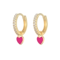 Detailed view of gold hoop earrings with zircon rows and pink heart enamel pendants - Gold - Rose Red (ES0013-JS-MHS)