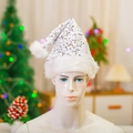 Silver sequin Christmas hat with white faux fur trim shown on a male mannequin head - Sequin Style / Adult / White Sequined Long Plush