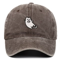 Close-up of vintage washed cotton baseball cap with white cat embroidery detail - Coffee
