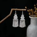 Vintage Bohemian silver earrings featuring ethnic floral carvings and long tassel charms - Bohemian Carving Tassel Style (E2390)
