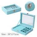 Light blue velvet jewelry box with glass lid for rings and earrings, size 20x15x5cm - 9 Slots / Blue