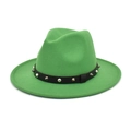 Detail of green fedora hat featuring a black leather belt with silver punk rivets - M (56-58cm) / Grass Green