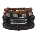 Men's retro layered leather bracelet set with faith metal tag and wooden beads - RH257-6 (Faith Lettering Set)