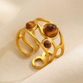 Golden hollow bangle with three oval tiger eye stones and adjustable open cuff design - Tiger Eye Three Stones Ring (4306)