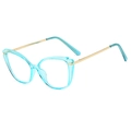 Cat-eye blue light blocking glasses with transparent teal frame and golden metal temples - Blue/Gold