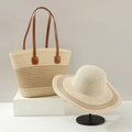 Beige straw tote bag with brown leather handles and matching wide-brim sun hat set - Classic Beige Khaki Stripe