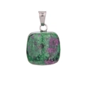 Macro shot of square natural ruby in zoisite crystal pendant with silver metal bail - Ruby Zoisite