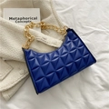 Deep blue quilted baguette bag with stylish gold chain strap and geometric stitching - Dark Blue