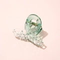 Detail shot of a transparent green and clear acetate hair claw with a visible metal spring - Cross Green