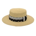 Detail of straw hat with glitter band and pearls on a flat top summer sun hat - Beige