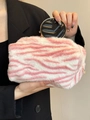 Pink and white animal print plush makeup bag with gold zipper and soft faux fur texture - Plush Pink Zebra Print
