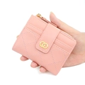 Quilted pink short wallet with gold interlocking rings buckle and multiple card slots - Pink