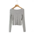 Close-up of grey cable-knit cardigan featuring off-the-shoulder neckline and buttons - S / Gray Blazer