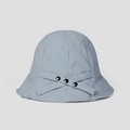 Detail showing the gray-blue textured fabric and button strap on a sun protection bucket hat - M (56-58cm) / Blue