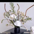 Nordic white artificial roses bouquet with green leaves in a black cylindrical vase - Berlin Girl