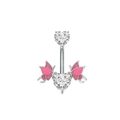 Detailed view of navel ring featuring pink glitter butterfly wings and white heart crystals - Butterfly Wings Design (3003)