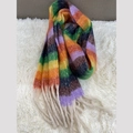 Rainbow striped plush knit winter scarf with fringes on a soft white background - Multi-color Rainbow Stripes