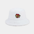 Detailed macro view of white plush bucket hat fabric with a red heart LOVE embroidery patch - M(56-58cm) / White