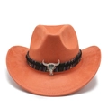Detail of orange suede cowboy hat with ethnic woven band and silver bull skull ornament - M (56-59cm) / Orange Suede