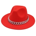 Detail of red fedora hat featuring a sparkling rhinestone-embellished silver cuban chain - Orange Red