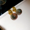 Retro style shell drop earrings featuring golden metal rings and dark iridescent glass beads - Reddish Brown (Vintage Ball Drop)