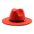 Detailed close-up of red felt fedora with black leather band and gold buckle detail - M (56-58cm) / Orange Red