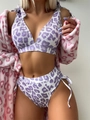 Two-piece purple leopard print ribbed bikini with high waist tie-side bottoms and deep V top - S / White and Purple Leopard