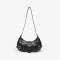 Detail of black crocodile texture shoulder bag with silver studs and crescent shape - Crocodile Pattern Black