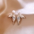 French fishtail pearl earrings with heart zircon on champagne silk background - Silver
