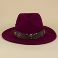 Macro detail of burgundy wool fedora featuring a vintage leather band and silver bull head - Burgundy / M (56-58cm)