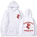 White hoodie featuring red cherry lips print on front and Social Club text on the back - S / White Slogan