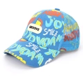 Kids blue graffiti baseball cap with mesh back and yellow smile print pattern - SMILE Print / Blue Mesh Curved Brim