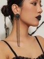 Elegant black flower stud earrings with long tassel chains for gothic and chic style - Black Flower Long Tassel