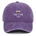 Close-up of the TINI TIME cocktail embroidery on a vintage washed purple baseball cap - Adjustable / Purple