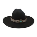 Classic black wool felt fedora hat with vintage ethnic ribbon and turquoise stone accent - Large Brim Oval Blue Stone / Black