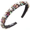 Close-up of handmade baroque headband with colorful crystals, pearls and black fabric - Black