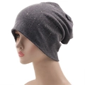 Detailed view of dark grey slouchy beanie featuring sparkling silver rhinestone accents - One Size / Dark Gray