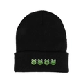 Black knitted beanie for men and women featuring four cute embroidered green frogs - Multiple Frog Expressions Embroidery / Black
