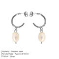 Silver stainless steel hoop earrings with 8x8mm white baroque freshwater pearls - Steel