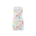 White strapless bodycon mini dress with colorful tropical lemon and cherry prints - M / Pattern Three (Tropical Fruit)