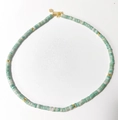 Natural stone necklace with light green and cream beads and golden metallic spacers - Light Green Cream White