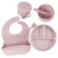 Pink silicone baby feeding set with suction plate, bowl, bib, and cutlery on white - 6-Piece All-Silicone Set / Lotus Pink