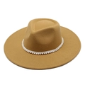 Detailed view of camel wool fedora hat featuring elegant white pearl beaded band trim - M(56-58cm) / Camel