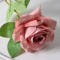 Single realistic velvet artificial rose in soft dusty pink color with green leaves - 7cm / Elsa Rose-Bean Paste