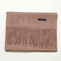 Detail shot of dusty pink scarf with fringe and black Cashmere fabric label tag - 70cm / Dusty Pink