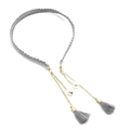 Grey choker necklace with gold chain, faux pearls and tassel pendants on white background - Tassel Style / Gray