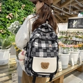 Cute checkerboard backpack for girls with bear patch and plush bunny charm accessory - Single Bag / Black